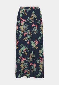 Floral maxi skirt with an elastic waistband, featuring a navy background adorned with multicolored flowers and leaves in various patterns.