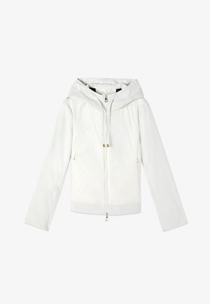 Jachetă albă cu glugă, fermoar frontal, buzunare laterale cu fermoar și șnururi la glugă, expusă aplatizată.