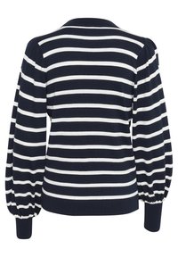Navy ja valge triibuline pullover-sweater puff varrukatega, soonikservadega ja mansettidega, valmistatud pehmest kudumkangast. Kuvatakse tagantvaadet.