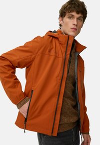 Orange waterproof jacket with a hood, featuring a zippered front, side pockets, and gray interior lining, made from breathable fabric.