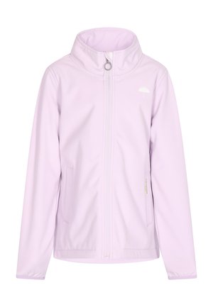 Lyse lilla softshell jakke med fuld lynlås foran, opretstående krave, lange ærmer og to sidelommer.