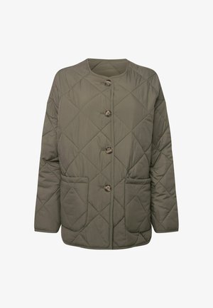 Oliivihreä tikattu takki, jossa on pyöreä kaula-aukko, napitus ja kaksi etutaskua. Kevyt materiaali, jossa on timanttikuvio.