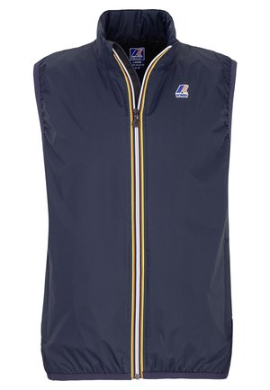 Marineblauw mouwloos vest met gele, witte en blauwe ritssluiting aan de voorkant en K-Way-logo op de borst en kraaglabel.