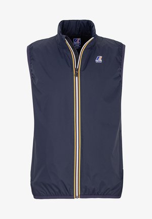 Marineblauw mouwloos vest met gele, witte en blauwe ritssluiting aan de voorkant en K-Way-logo op de borst en kraaglabel.