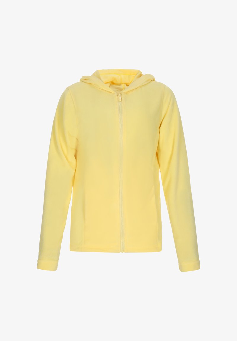Yellow zip-up hoodie made of soft fabric, featuring a front zipper and attached hood, with long sleeves and a plain texture.