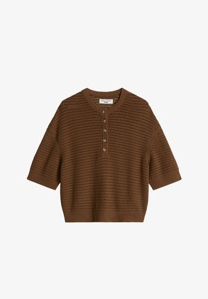 Pull en maille marron à manches courtes avec col henley boutonné et poignets et ourlet côtelés, présentant un motif texturé en maille ajourée.