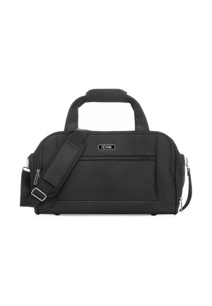 Czarna torba sportowa z miękkiego materiału, z wyściełanymi uchwytami, regulowanym paskiem na ramię, przednią kieszenią na suwak oraz naszywką z logo umieszczoną na środku przedniego panelu.