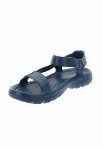 Sandalia de goma azul marino con tiras cruzadas, superficie texturizada y suela estriada para mayor tracción. Tiras ajustables para un ajuste seguro.