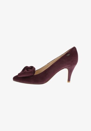 Burgundy suede women's pump with a mid-height heel and large twisted bow detail on the pointed toe.