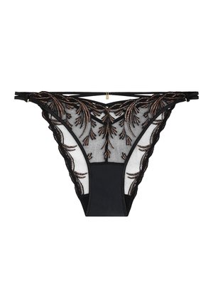 Culotte bikini en dentelle noire avec broderie florale dorée et doubles bretelles latérales, sur fond blanc.