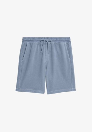 Helles blaues Baumwollshorts mit einem elastischen Bund und Kordelzug. Verfügt über zwei Seitentaschen und eine glatte Textur.