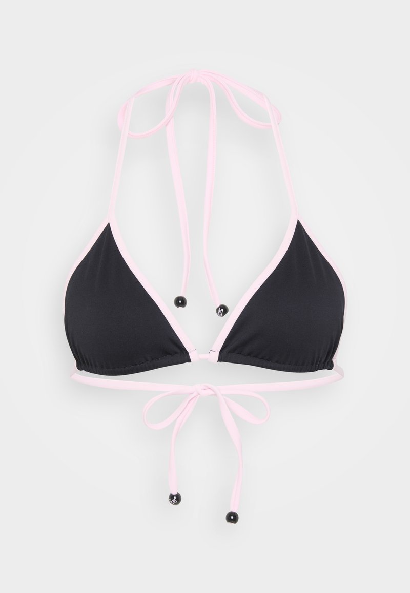 Top bikini nero con bordi rosa, coppe triangolari, spalline regolabili con legatura e decorazioni in perline nere sulle estremità. Tessuto dalla superficie liscia.