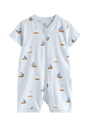 Vaaleansininen vauvanhaalari, jossa on lyhyet hihat ja etupuolella vetoketju, koristeltu pienillä sinisillä, valkoisilla ja ruskeilla purjelaivakuvioilla.