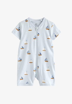 Hellblauer Babystrampler mit kurzen Ärmeln und Reißverschluss vorne, verziert mit kleinen Segelbootmustern in Blau, Weiß und Braun.