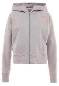 Felpa con zip di un grigio chiaro, pannello anteriore a coste, maniche lunghe, cappuccio e piccolo logo rosa sul petto.