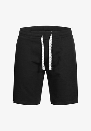 Sorte bomulds shorts med snor i taljen, med hvide mønstrede snørebånd. Enkelt design, knælængde med en jævn tekstur.