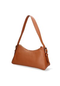 Borsa a spalla in pelle marrone con una finitura liscia, una forma curva e una larga tracolla con una chiusura in metallo su un lato.