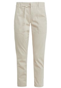 Beige katoenen broek met een elastische taille en trekkoord, met twee zijzakken en een taps toelopend ontwerp. Glad textuur overal.