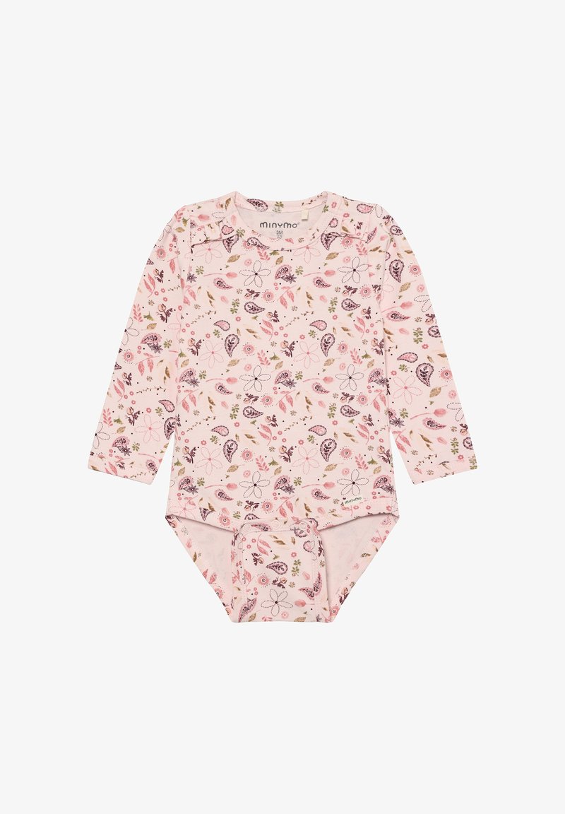 Body bébé à manches longues rose avec des motifs floraux et cachemire en violet, vert et marron, doté de boutons-pression au bas.