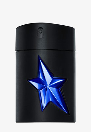 Schwarze rechteckige Parfümflasche mit einem glänzenden blauen fünfzackigen Stern, der auf der Vorderseite geprägt ist, und einer Sprühdüse oben.