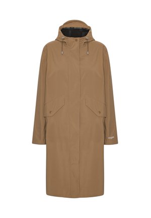 Manteau imperméable marron avec capuche, à coupe droite, doté de deux poches frontales, de cordons de serrage réglables et d'une texture lisse.