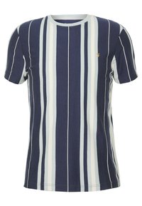 Námořnická modrá tričko s vertikálními bílými a světle modrými pruhy, krátké rukávy, kulatý výstřih a malé zlaté logo "F" na hrudi.