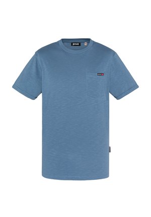 Koszulka z krótkim rękawem w jasnoniebieskim kolorze, wykonana z gładkiego materiału. Posiada kieszonkę na piersi oraz metkę na kieszeni do brandingu.