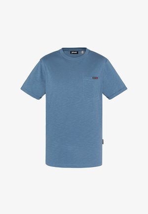 T-shirt a maniche corte di colore azzurro chiaro, realizzato in tessuto morbido. Presenta una tasca sul petto e un'etichetta sulla tasca per il branding.