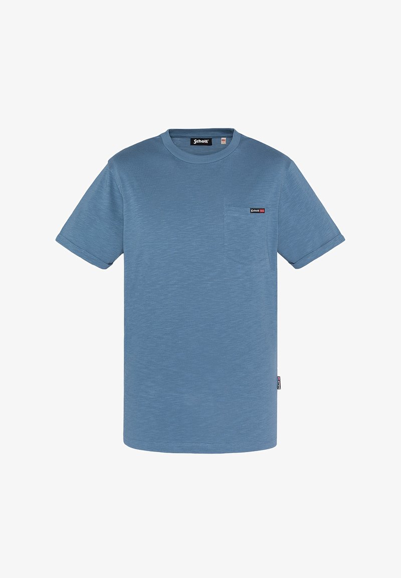 Koszulka z krótkim rękawem w jasnoniebieskim kolorze, wykonana z gładkiego materiału. Posiada kieszonkę na piersi oraz metkę na kieszeni do brandingu.