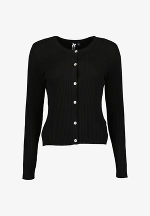 Zwarte geribbelde lange mouwen cardigan met ronde halslijn en zes witte knopen aan de voorkant, maatlabel zichtbaar binnenin de kraag.