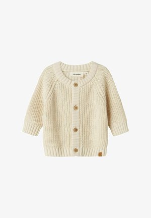 Cardigan lavorato a maglia crema con un motivo texture, scollatura rotonda e cinque bottoni in legno. Presenta polsini e orlo a costine per un tocco aggiuntivo.