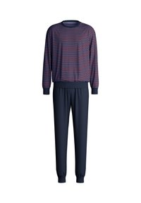 Pull rayé bleu marine et rouge avec un col rond, des manches longues et des poignets côtelés, associé à un pantalon de jogging bleu marine avec des poignets élastiques.