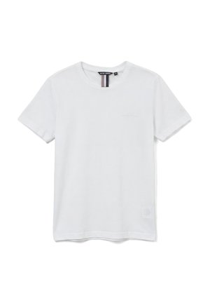 T-shirt bianca semplice in cotone a maniche corte con scollo tondo e logo ricamato sottile sul petto, taglia 10 etichettata.