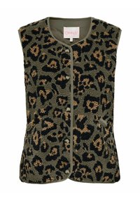 Fleecevest met een groene basis en een luipaardprint in zwart en beige. Knopen aan de voorkant met een ronde halslijn.