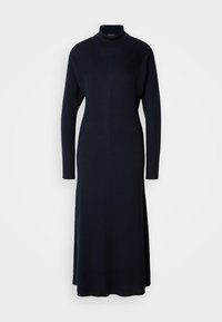 Vestido de punto acanalado en azul marino con cuello alto, mangas largas y aberturas laterales. Presenta un cuerpo ajustado y una falda fluida.