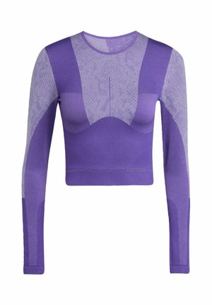 Purple long-sleeve cropped top with a textured pattern, featuring a fitted design and contrasting mesh sections, made from a stretchy material.