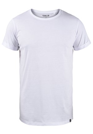 White short-sleeve t-shirt made from soft fabric. Features a round neck, rolled cuffs, and subtle brand logo on the hem. Plain design.