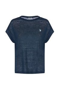 T-shirt corto blu navy realizzato in tessuto leggero e trasparente. Presenta maniche corte e un piccolo logo ricamato sul davanti.
