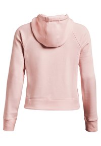 Sudadera corta rosa con capucha ajustable, mangas en sastre y bajo texturizado. Tejido suave con puños de canalé. Vista trasera.