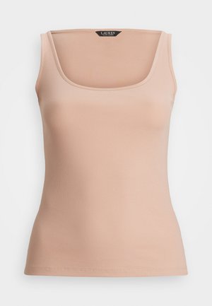 Light pink tank top with a square neckline, ribbed texture, and fitted design. Label is visible at the neckline. Material appears stretchy.