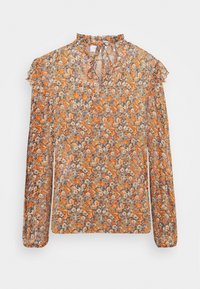 Blommig blus i genomskinligt, lätt material med orange och lila blommor på en beige bakgrund. Hög hals med knytning och volangärmar.