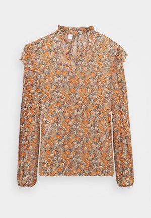 Florale Bluse aus durchscheinendem, leichtem Stoff mit orangefarbenen und lila Blumen auf einem beigen Hintergrund. Hochkragen mit Bindeband und Rüschensäumen.
