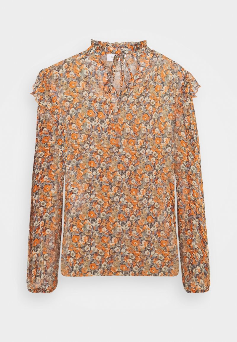 Blommig blus i genomskinligt, lätt material med orange och lila blommor på en beige bakgrund. Hög hals med knytning och volangärmar.