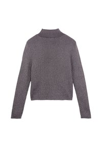 Pull en maille côtelée, col roulé, de couleur gris foncé avec une coupe légèrement cropped. Texture douce avec de longues manches, sans embellissements visibles.