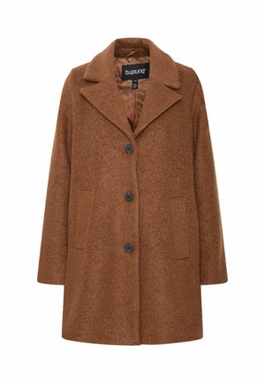 Brown wool blend coat with a notched collar, four black buttons, and two front pockets. Textured fabric with a soft finish.