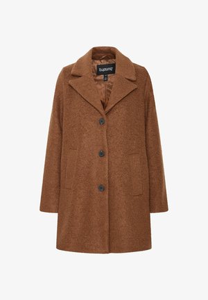 Rjav plašč iz volne z mešanico materialov in izrezanim ovratnikom, štirimi črnimi gumbi ter dvema sprednjima žepoma. Teksturovan material z mehkim zaključkom.