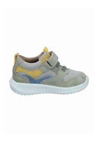 Green and gray children's sneaker with mesh upper, suede accents, yellow and blue details, adjustable strap, and white rubber sole.