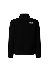 Schwarzer Fleecepullover mit hohem Kragen. Verfügt über ein kleines weißes Logo auf dem oberen Rücken. Glatte Textur mit langen Ärmeln und geradem Saum.