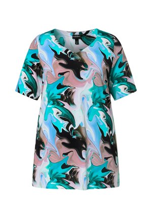 Dames top met korte mouwen en V-hals, met een abstract golvend patroon in turquoise, zwart, roze, paars en wit.