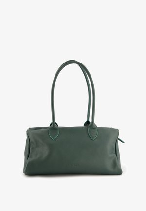 Sac à main en cuir vert avec deux poignées arrondies, texture douce et couture discrète. Présente un design minimaliste et un logo embossé.